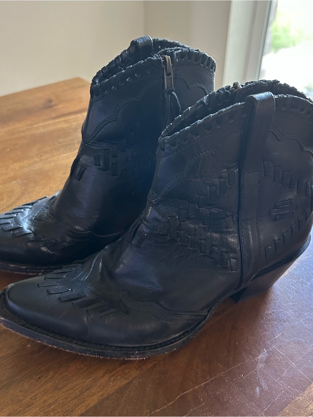 Allen’s Black Leather Western Ankle Booties with Woven Detail